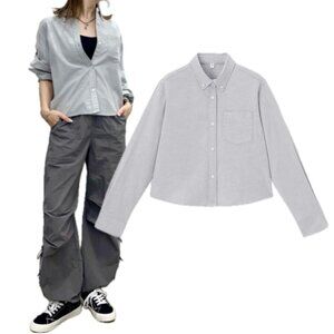 (NWOT) GU Oxford Cotton Long Sleeve Button-Up Cropped Shirt (Gray)